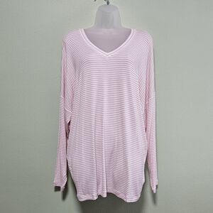Cabi Women's Shirt Large Pink Striped L/S V-Neck Serenity Tee Cozy Valentine's